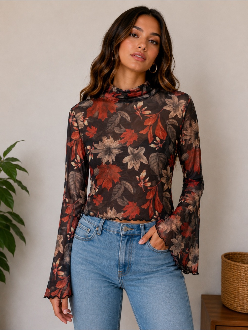 Fall Floral Sheer Mesh Bell Sleeve Top – Women’s Large